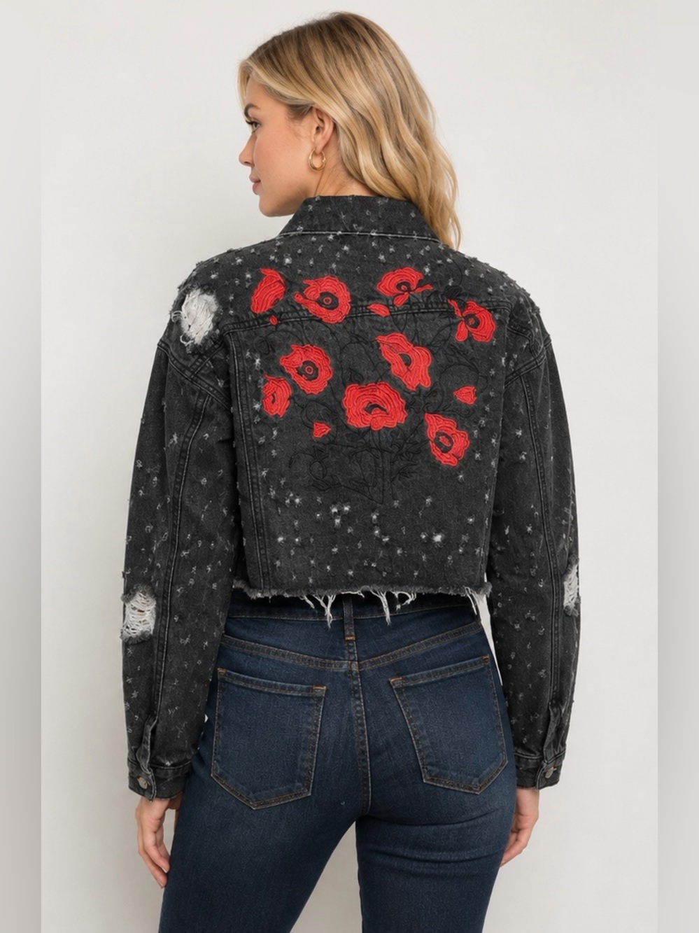 Cropped Distressed Black Denim Jacket with Red Floral Embroidery